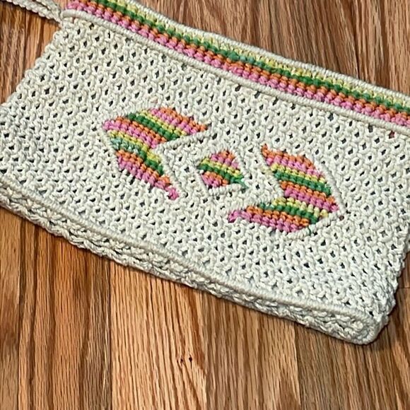 Vintage Crochet Cream Pastel Macrame Wristlet Clutch Bag, boho - Picture 2 of 6